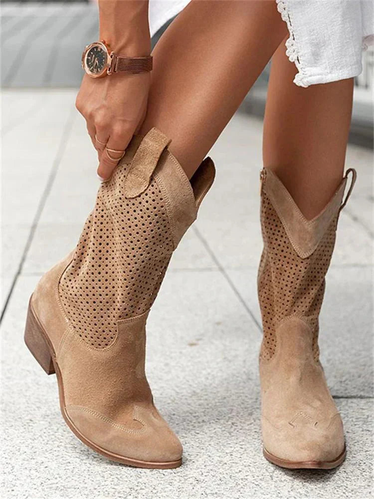 Women's Perforated Cowboy Boots with Block Heel | Serenza London