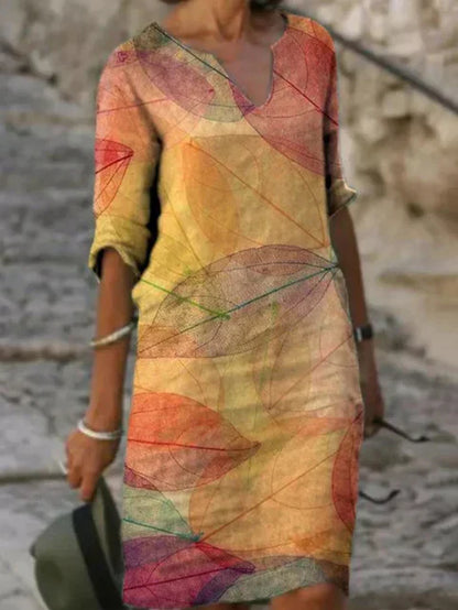 Women's Comfortable Leaf Print Split Neck Dress | Serenza London