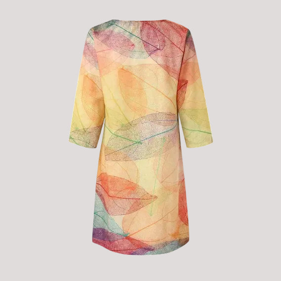 Women's Comfortable Leaf Print Split Neck Dress | Serenza London