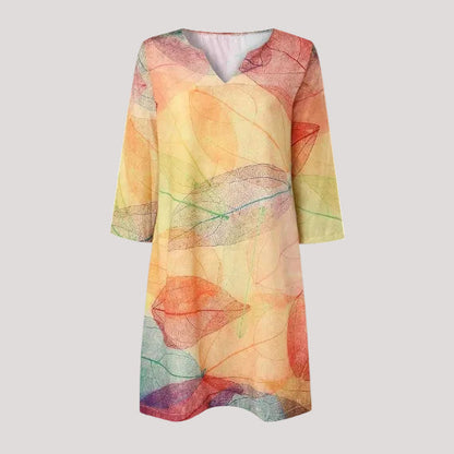 Women's Comfortable Leaf Print Split Neck Dress | Serenza London
