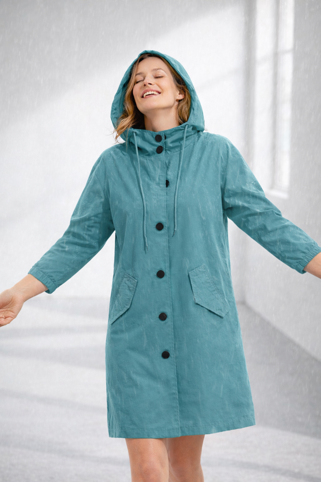 Women's Mid-Length Hooded Jacket with Button Closure | Serenza London