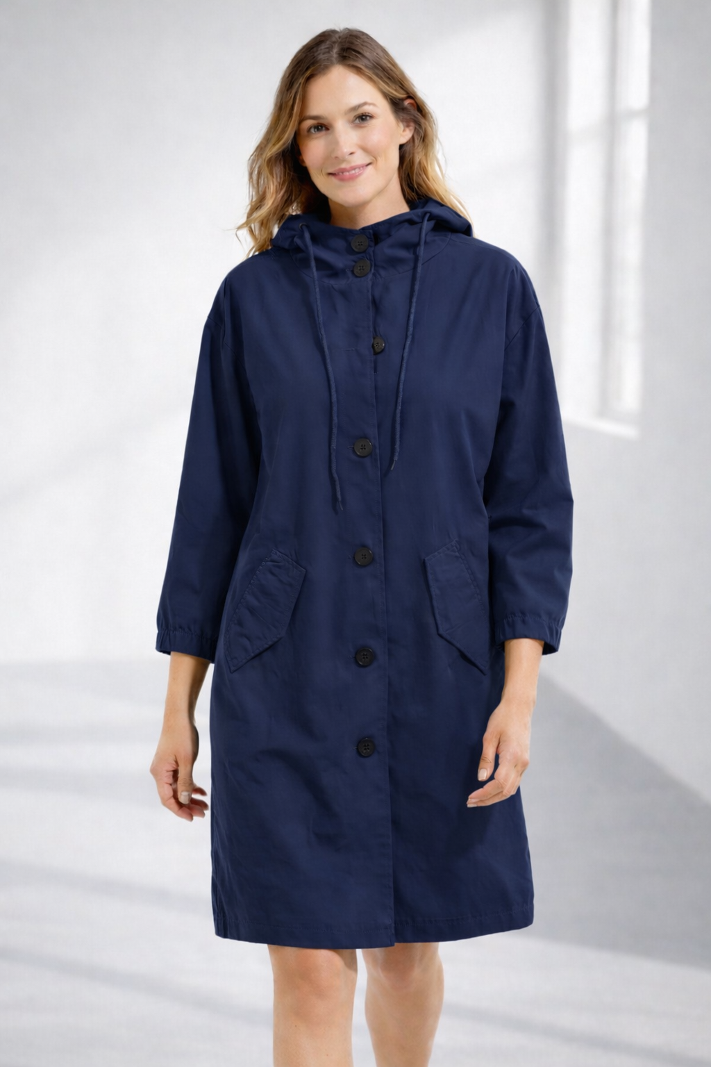 Women's Mid-Length Hooded Jacket with Button Closure | Serenza London