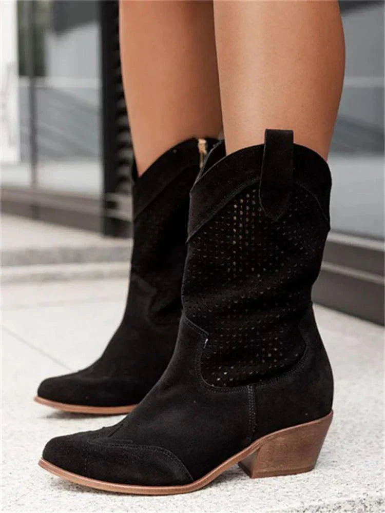 Women's Perforated Cowboy Boots with Block Heel | Serenza London