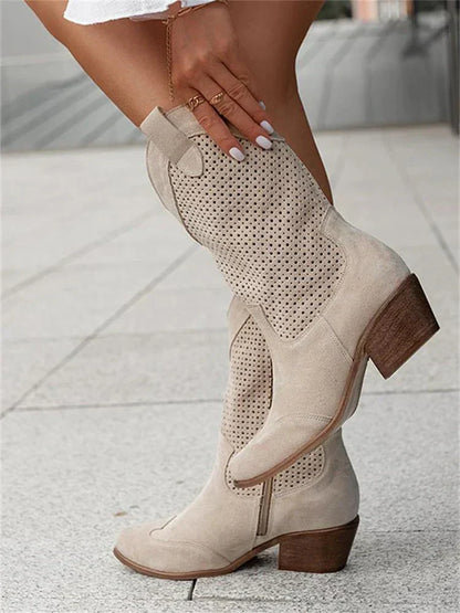 Women's Perforated Cowboy Boots with Block Heel | Serenza London