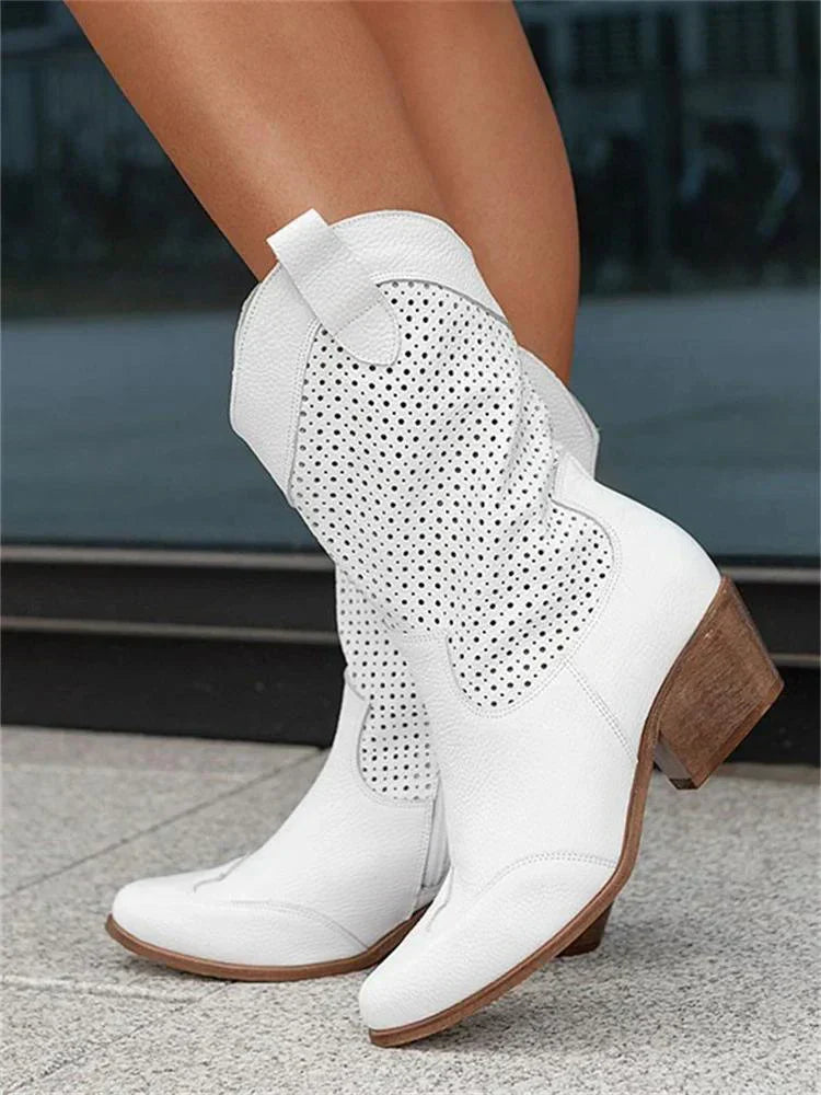 Women's Perforated Cowboy Boots with Block Heel | Serenza London