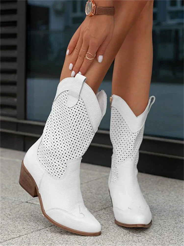 Women's Perforated Cowboy Boots with Block Heel | Serenza London