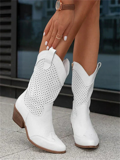 Women's Perforated Cowboy Boots with Block Heel | Serenza London