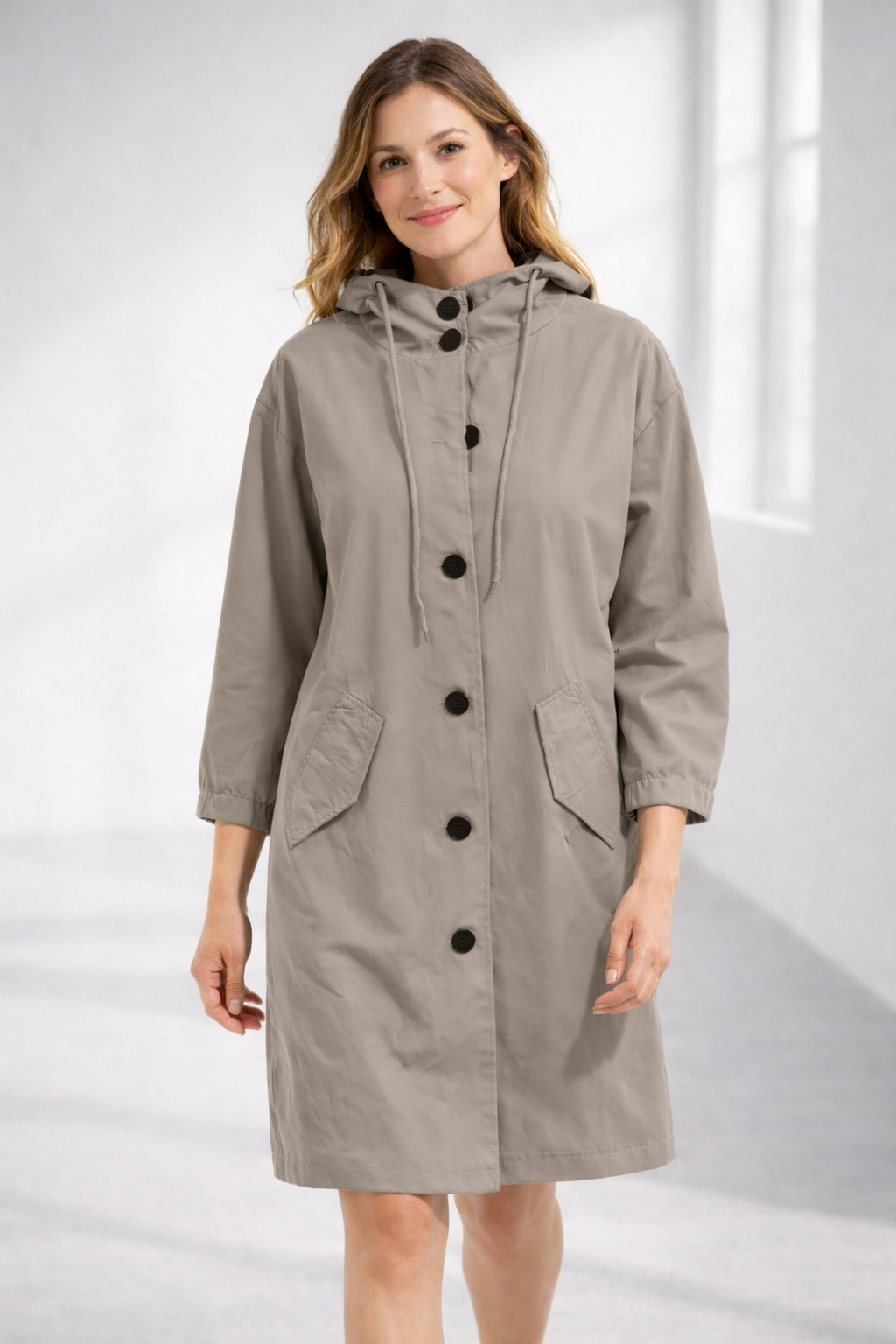 Women's Mid-Length Hooded Jacket with Button Closure | Serenza London