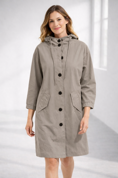 Women's Mid-Length Hooded Jacket with Button Closure | Serenza London