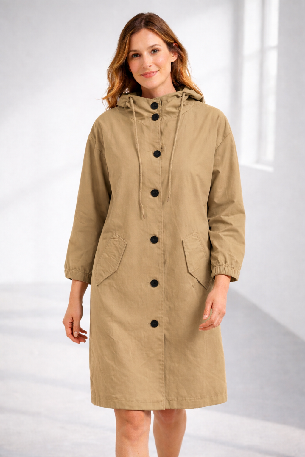 Women's Mid-Length Hooded Jacket with Button Closure | Serenza London