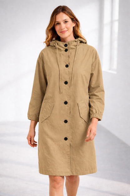 Women's Mid-Length Hooded Jacket with Button Closure | Serenza London