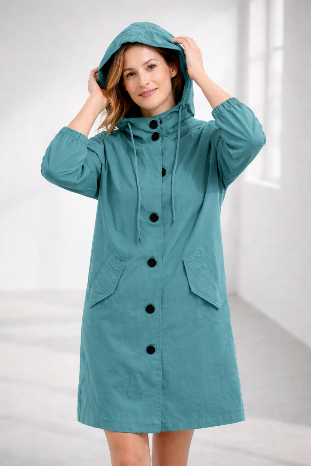 Women's Mid-Length Hooded Jacket with Button Closure | Serenza London
