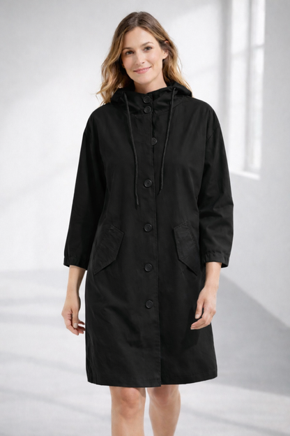 Women's Mid-Length Hooded Jacket with Button Closure | Serenza London