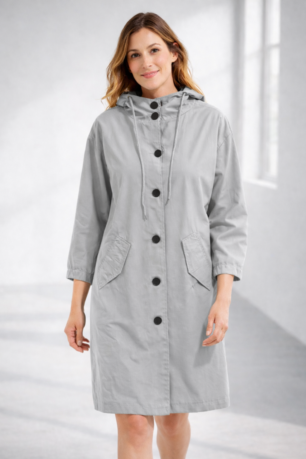 Women's Mid-Length Hooded Jacket with Button Closure | Serenza London