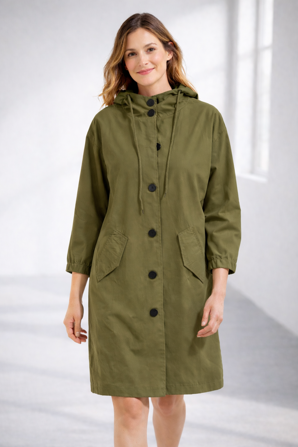 Women's Mid-Length Hooded Jacket with Button Closure | Serenza London